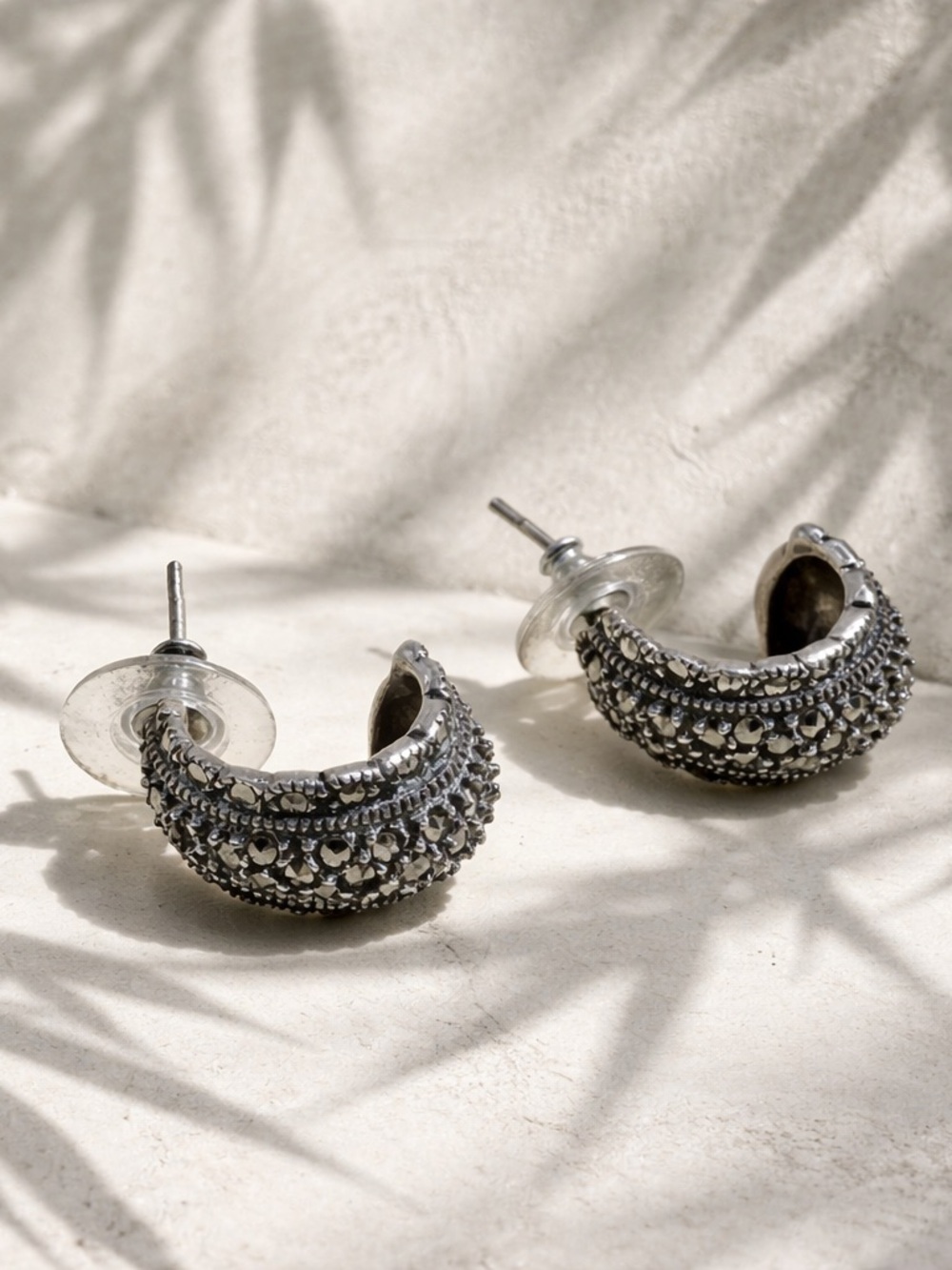 VINTAGE Signed PJ Sterling Silver Marcasite Marquee Post Earrings